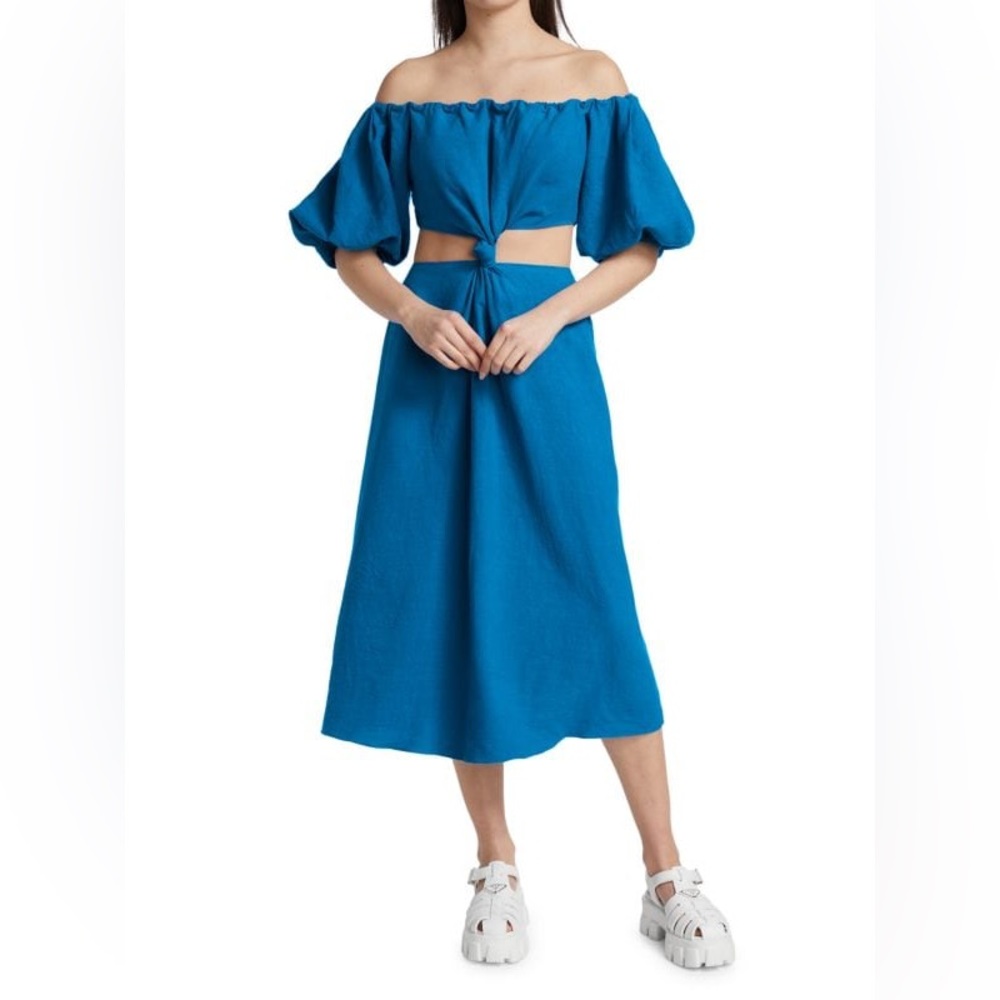 Farm Rio Blue Knotted Cut-Out Linen-Blend Midi-Dress NWT